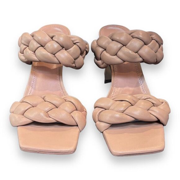 Marc Fisher Womens Hammy Heeled Sandal 8.5M Leather Chunky Woven Straps Beige - Picture 2 of 8